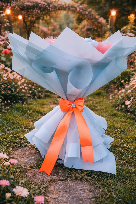 Buchet decorativ cu trandafiri bleu și trandafir coral – Aranjament floral elegant pentru cadou special