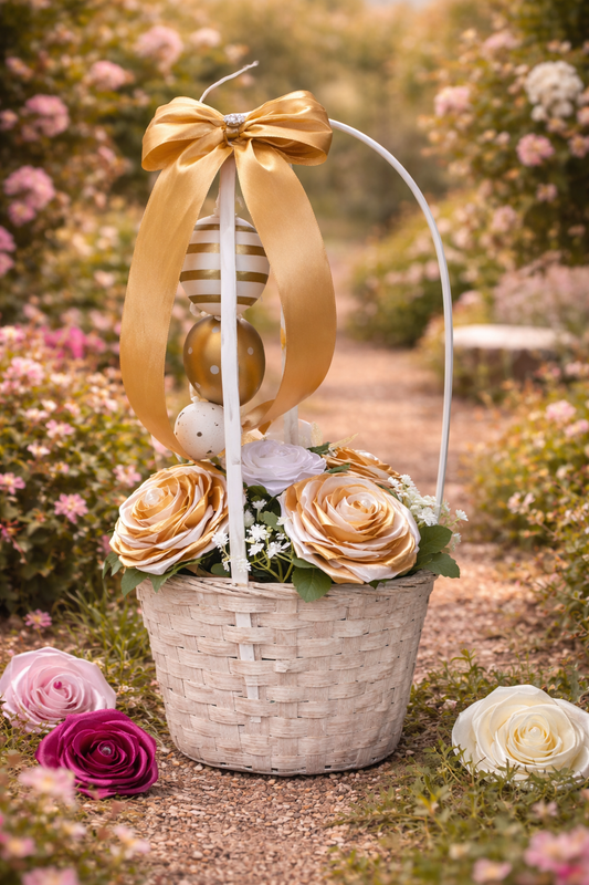 Coșuleț Elegant cu Trandafiri din Satin Alb și Auriu – Aranjament Floral Decorativ „Paște Fericit