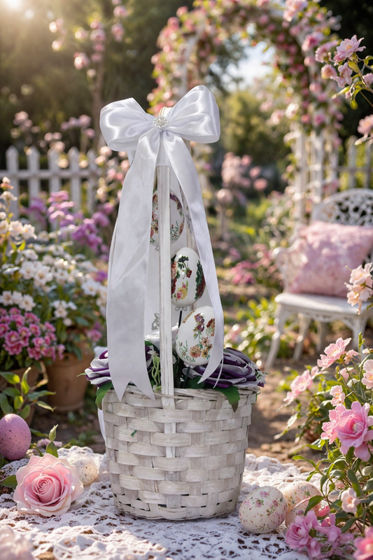 Coșuleț Decorativ de Paște cu Trandafiri din Satin Alb și Mov – Aranjament Floral Elegant „Paște Fericit"
