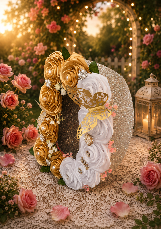 Literă Florală Decorativă Handmade cu Trandafiri Albi și Aurii – Decor Romantic Premium