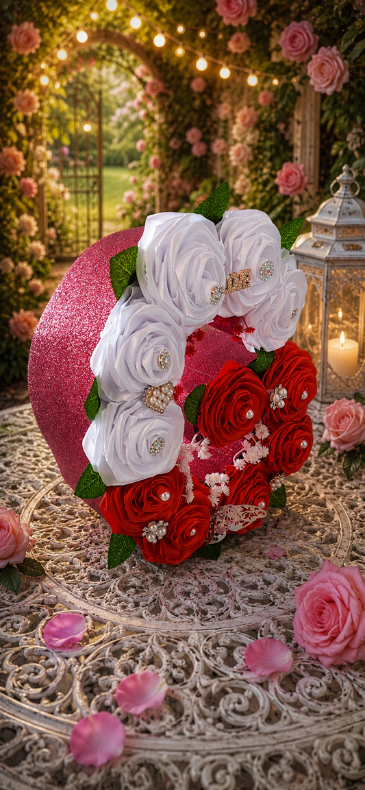 Literă Florală Decorativă Handmade cu Trandafiri Albi și Roșii – Decor Romantic Premiu