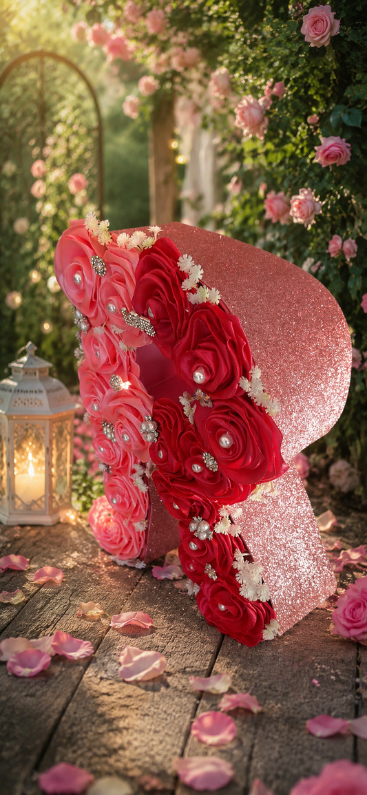 Literă Florală Decorativă Handmade cu Trandafiri Roșii și Roz – Decor Romantic Premium