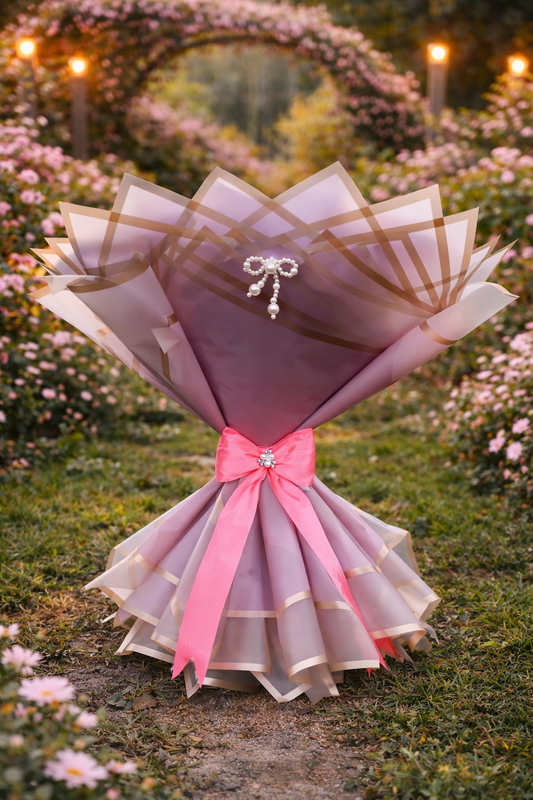 Buchet Elegant cu Trandafiri Roz, Mov și Alb – Aranjament Floral Premium cu Fluture Decorativ