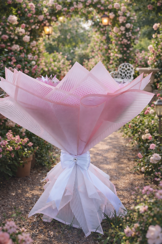 Buchet Roz Intens cu Trandafiri Roz și Bleu – Aranjament Floral Elegant cu Fluturi Decorativi