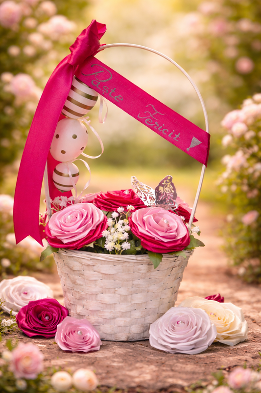 Coșuleț Cadou cu Trandafiri Roz Deschis și Roz Închis – Aranjament Floral Romantic Elegant
