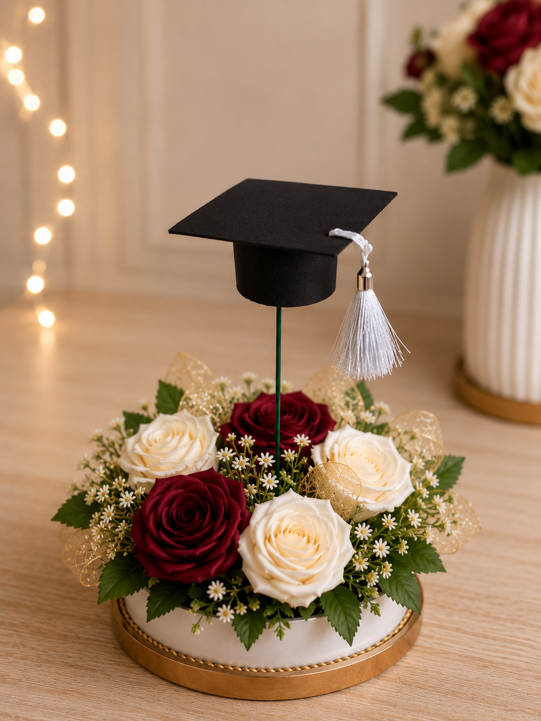 Accesoriu Absolvire 2026 pentru Aranjamente cu Trandafiri din Satin – Toca Decorativă cu Ciucure Mov