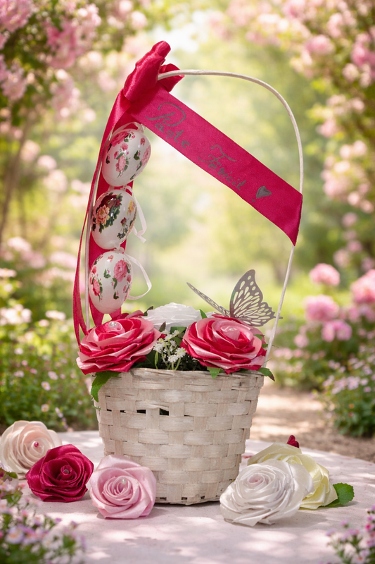 Coșuleț Decorativ de Paște cu Trandafiri din Satin Roz Închis și Roz Deschis – Aranjament Floral Elegant „Paște Fericit”