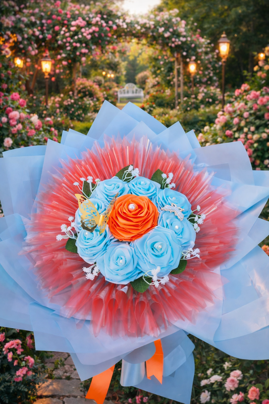 Buchet decorativ cu trandafiri bleu și trandafir coral – Aranjament floral elegant pentru cadou special