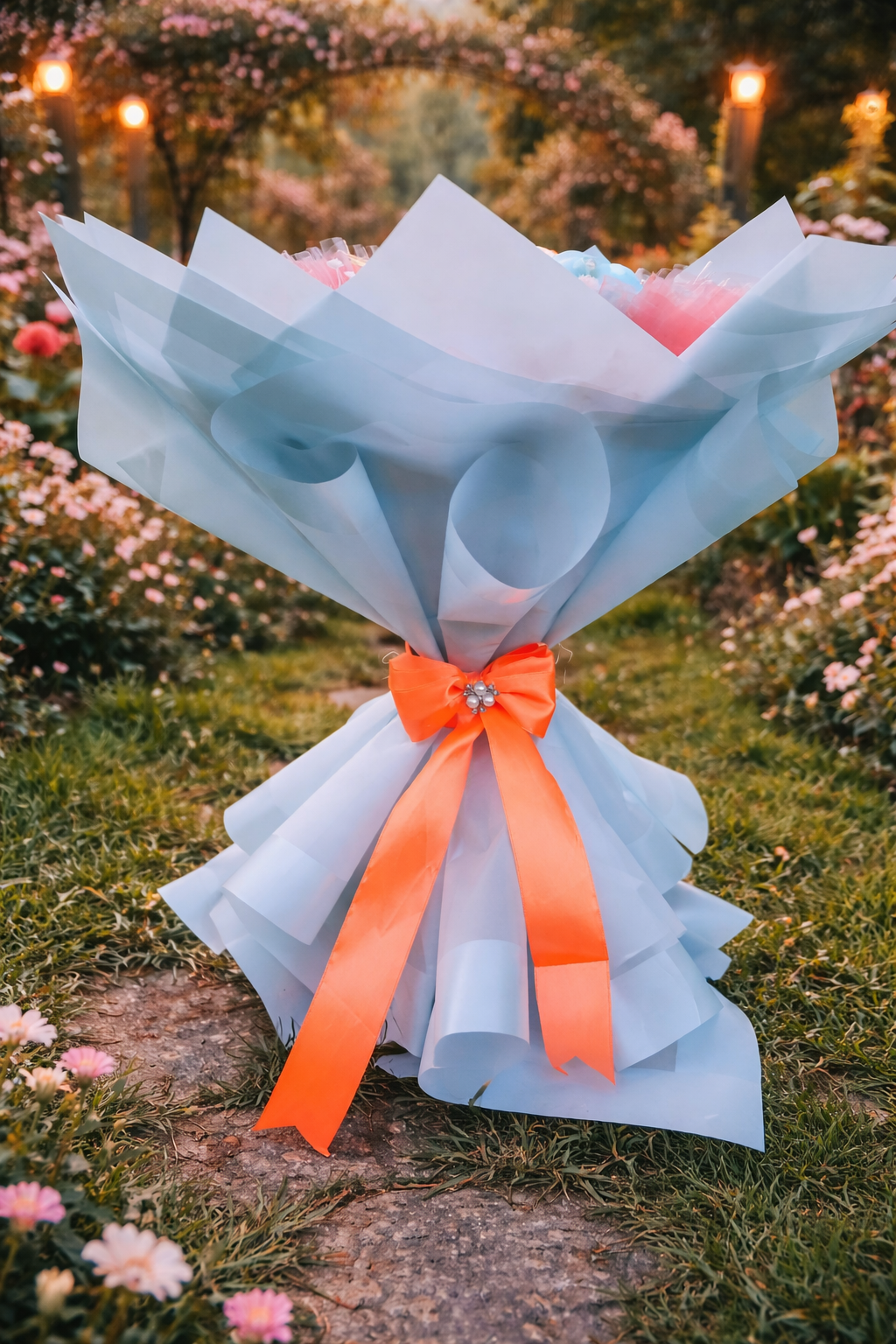 Buchet decorativ cu trandafiri bleu și trandafir coral – Aranjament floral elegant pentru cadou special