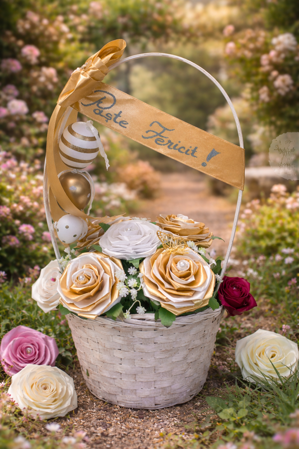 Coșuleț Elegant cu Trandafiri din Satin Alb și Auriu – Aranjament Floral Decorativ „Paște Fericit