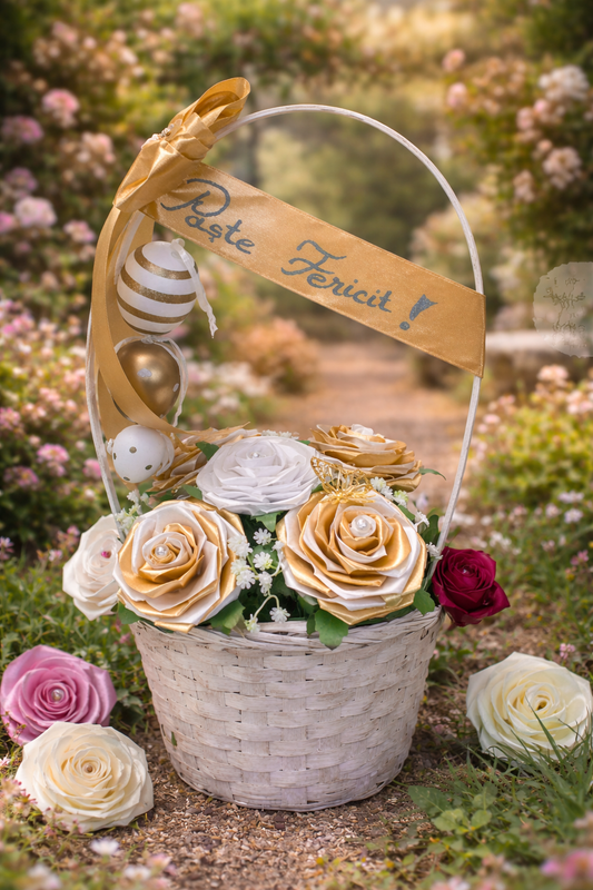 Coșuleț Elegant cu Trandafiri din Satin Alb și Auriu – Aranjament Floral Decorativ „Paște Fericit