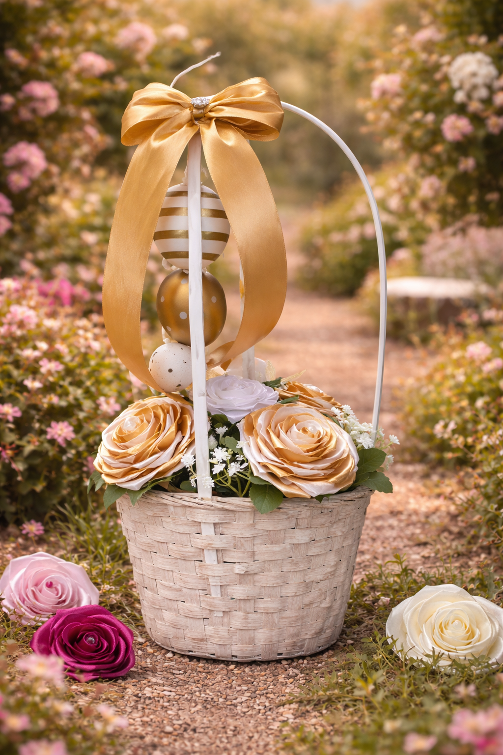 Coșuleț Elegant cu Trandafiri din Satin Alb și Auriu – Aranjament Floral Decorativ „Paște Fericit