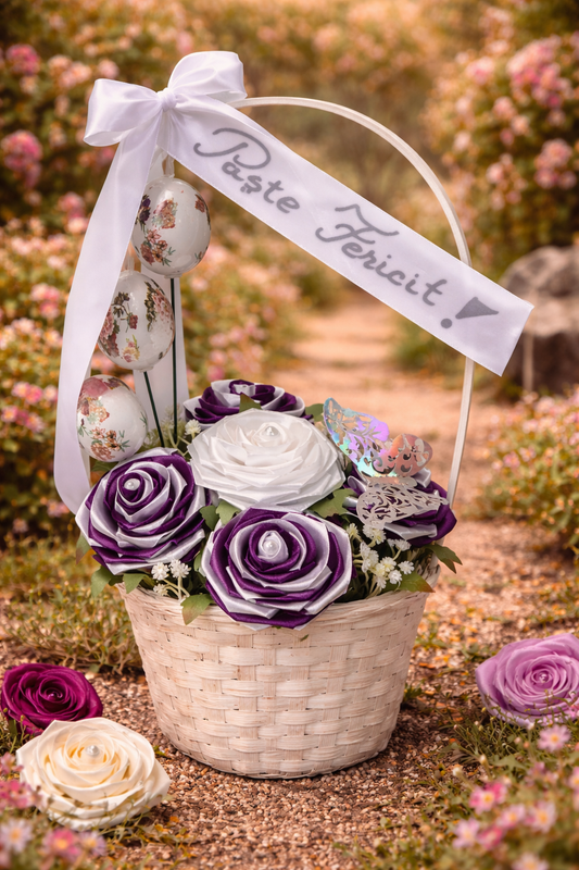 Coșuleț Decorativ de Paște cu Trandafiri din Satin Alb și Mov – Aranjament Floral Elegant „Paște Fericit"