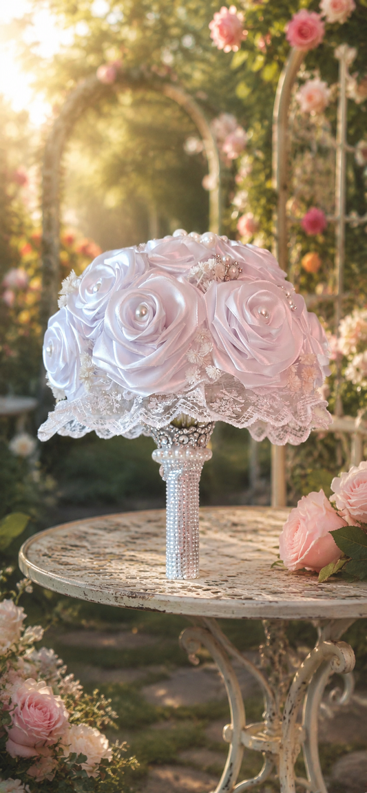 Buchet Mireasă Elegant cu Trandafiri Satin și Perle – Handmade Romantic