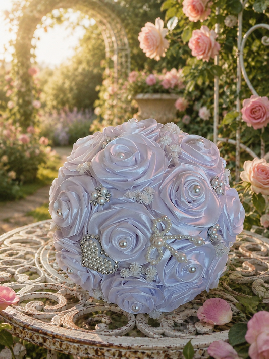 Buchet Mireasă Elegant cu Trandafiri Satin și Perle – Handmade Romantic