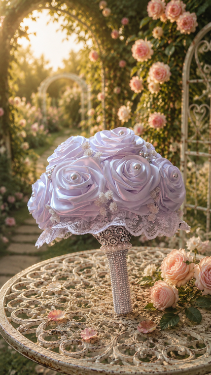 Buchet Mireasă Elegant cu Trandafiri Satin și Perle – Handmade Romantic