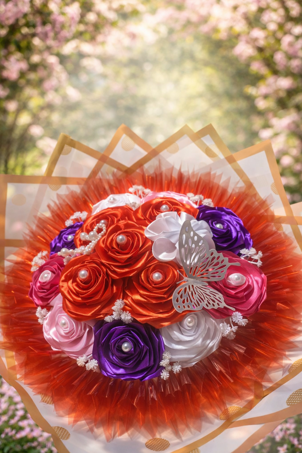 Buchet handmade cu trandafiri din satin multicolori – cadou elegant și durabil