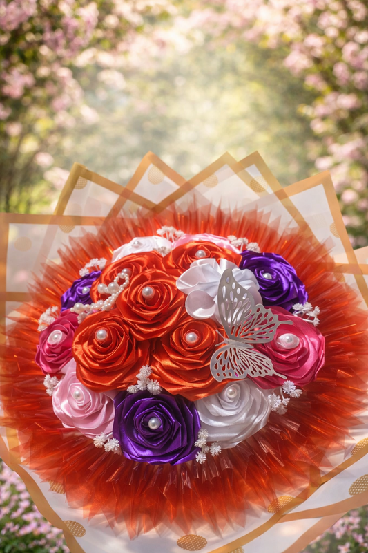 Buchet handmade cu trandafiri din satin multicolori – cadou elegant și durabil