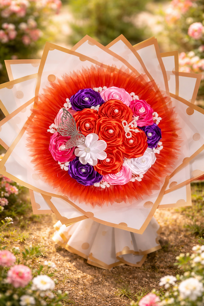 Buchet handmade cu trandafiri din satin multicolori – cadou elegant și durabil
