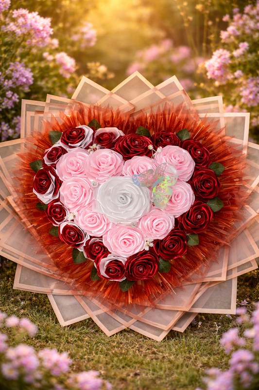 Aranjament floral inimă cu 25 trandafiri din satin roșii, roz și albi – cadou romantic handmade