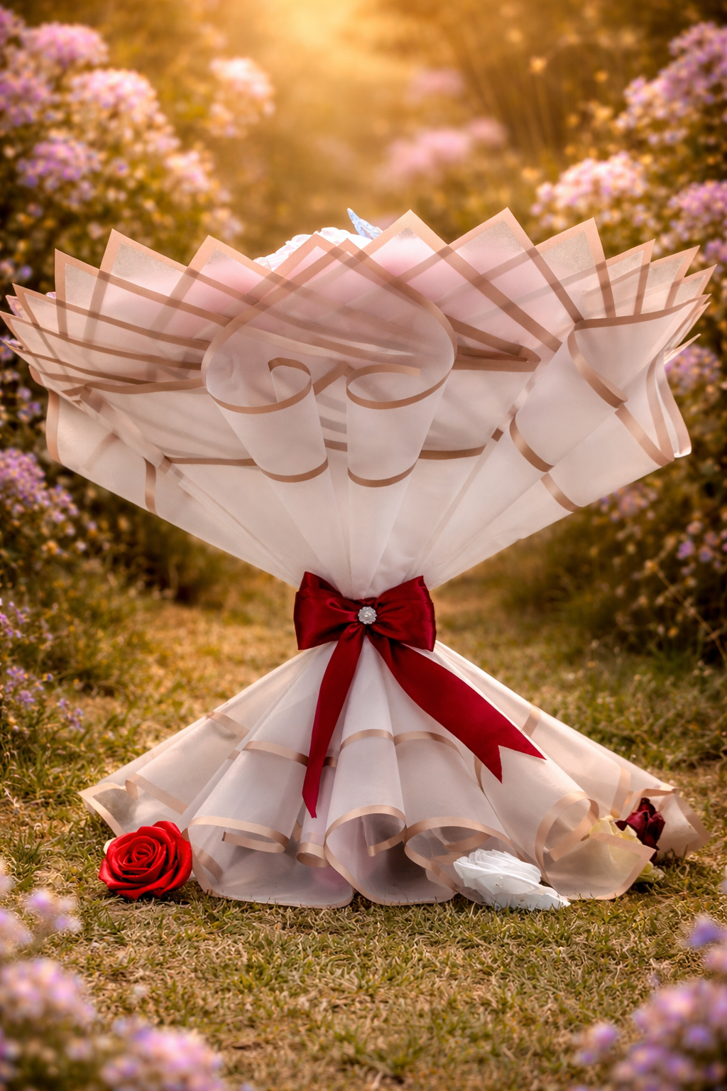 Aranjament floral inimă cu 25 trandafiri din satin roșii, roz și albi – cadou romantic handmade