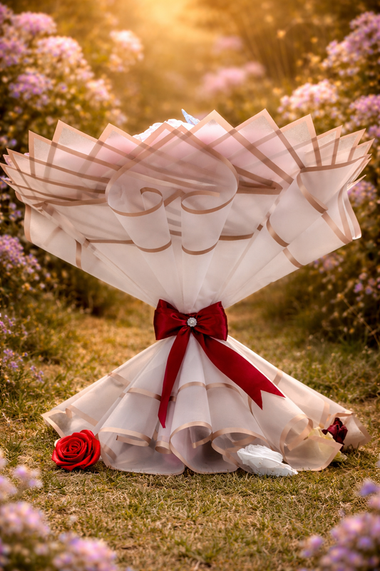 Aranjament floral inimă cu 25 trandafiri din satin roșii, roz și albi – cadou romantic handmade