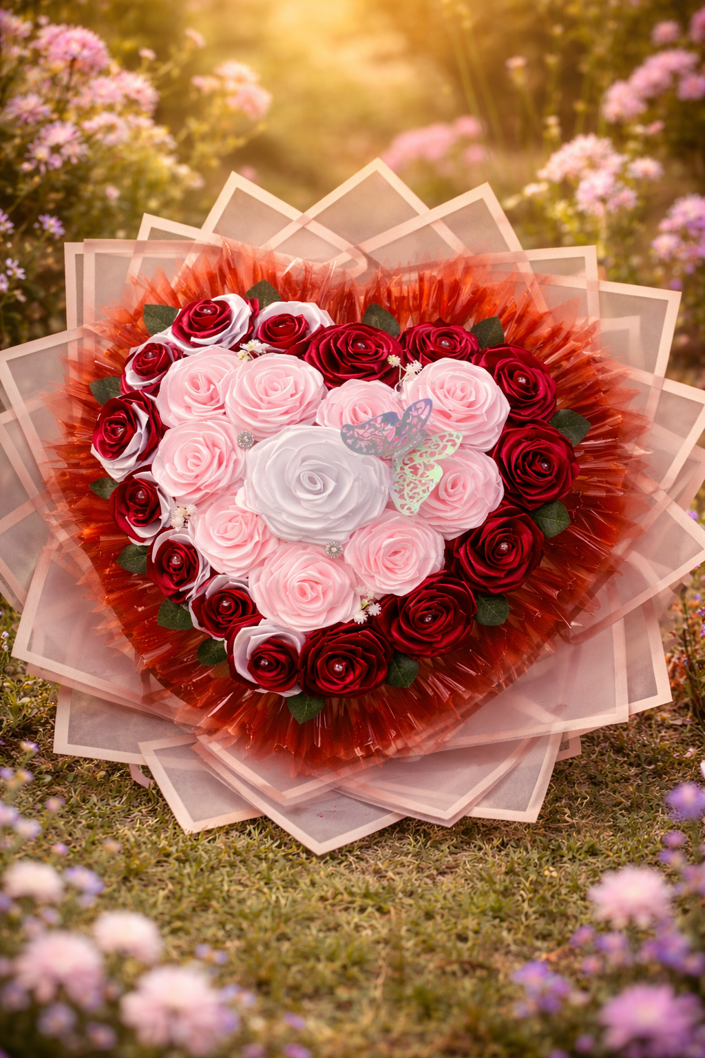 Aranjament floral inimă cu 25 trandafiri din satin roșii, roz și albi – cadou romantic handmade