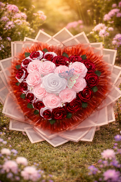 Aranjament floral inimă cu 25 trandafiri din satin roșii, roz și albi – cadou romantic handmade