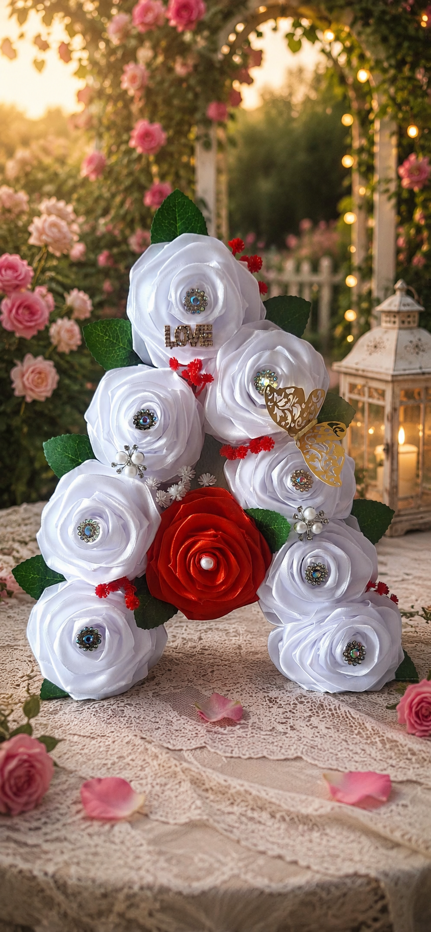Literă Florală Decorativă Handmade cu Trandafiri Roșu și Albi – Decor Romantic Premium