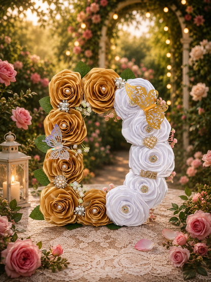 Literă Florală Decorativă Handmade cu Trandafiri Albi și Aurii – Decor Romantic Premium