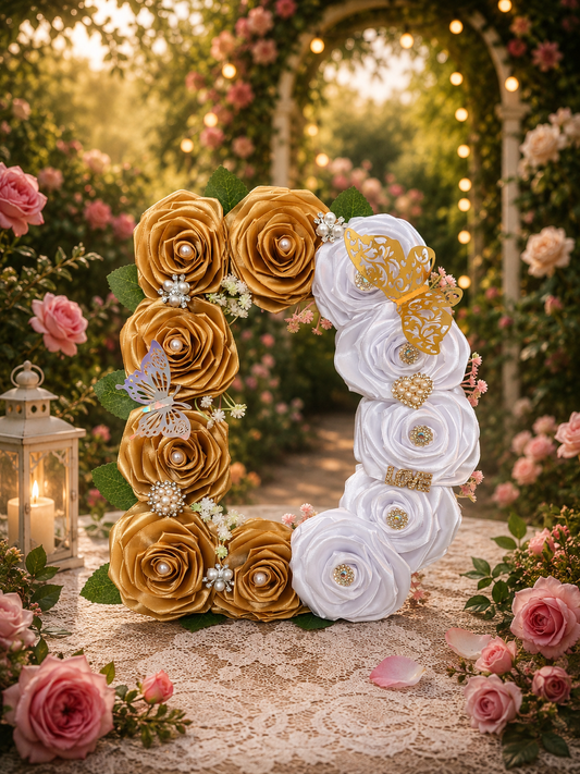 Literă Florală Decorativă Handmade cu Trandafiri Albi și Aurii – Decor Romantic Premium