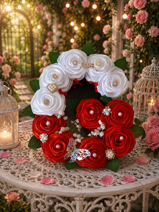 Literă Florală Decorativă Handmade cu Trandafiri Albi și Roșii – Decor Romantic Premiu