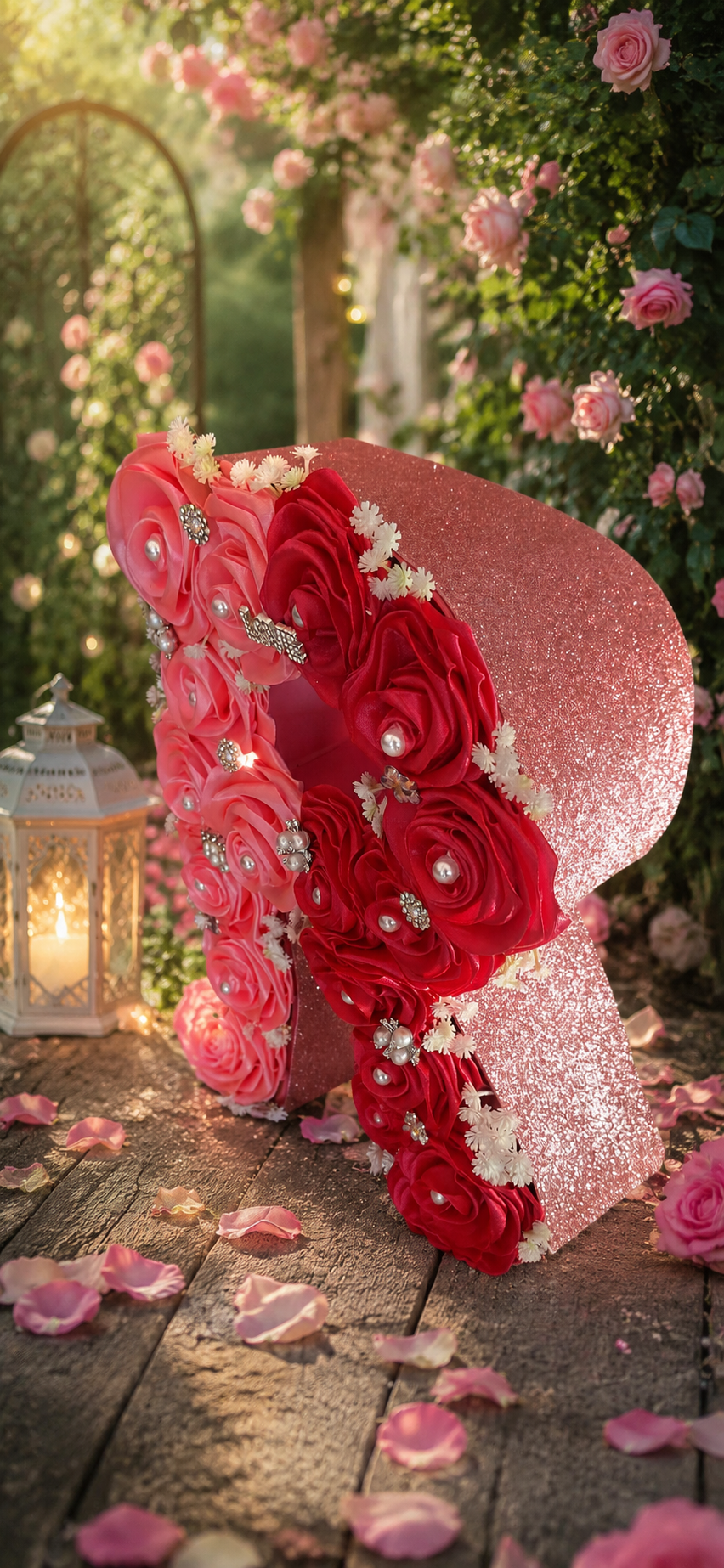 Literă Florală Decorativă Handmade cu Trandafiri Roșii și Roz – Decor Romantic Premium