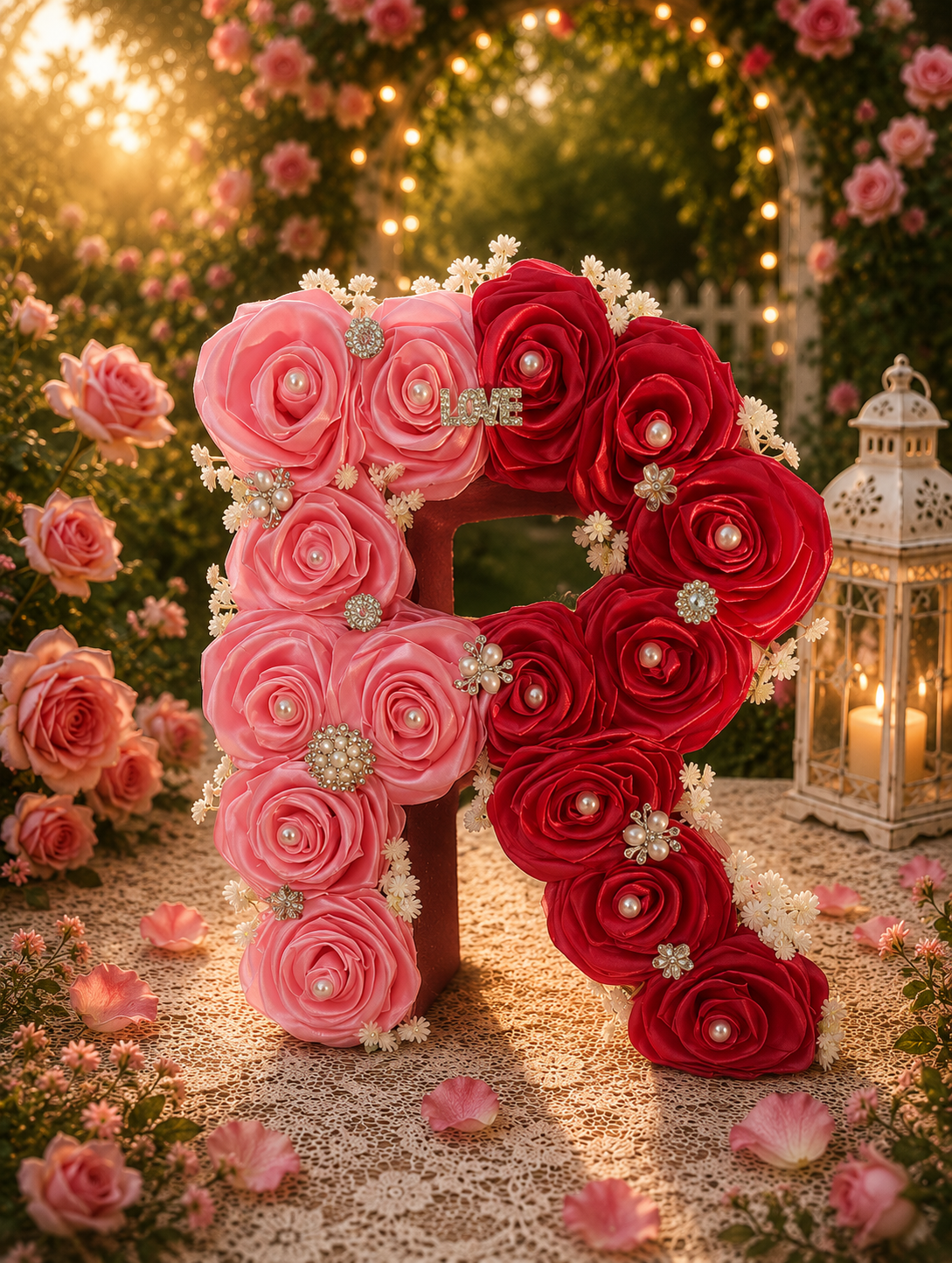 Literă Florală Decorativă Handmade cu Trandafiri Roșii și Roz – Decor Romantic Premium