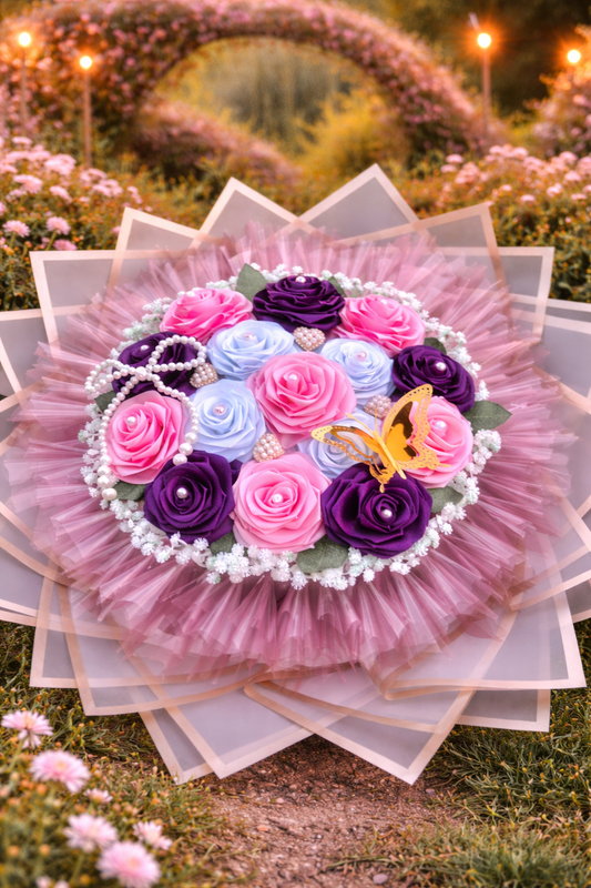 Buchet Elegant cu Trandafiri Roz, Mov și Alb – Aranjament Floral Premium cu Fluture Decorativ