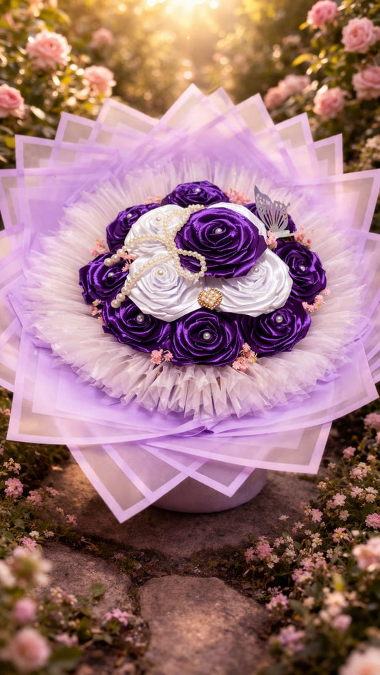 Buchet elegant mov și alb cu trandafiri din satin – aranjament floral romantic de lux