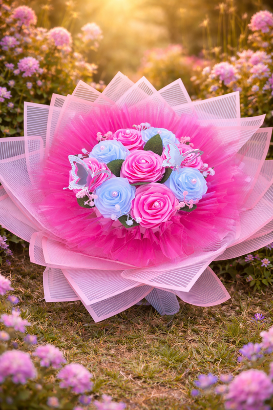 Buchet Roz Intens cu Trandafiri Roz și Bleu – Aranjament Floral Elegant cu Fluturi Decorativi