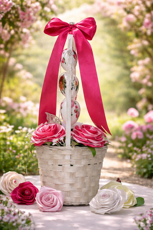 Coșuleț Decorativ de Paște cu Trandafiri din Satin Roz Închis și Roz Deschis – Aranjament Floral Elegant „Paște Fericit”