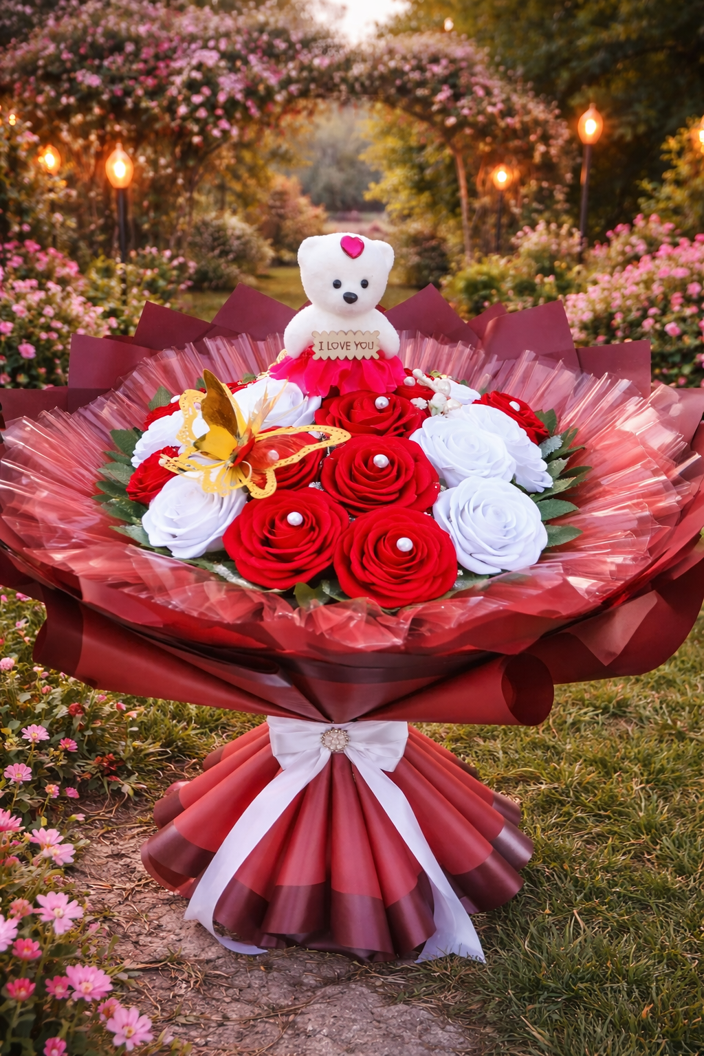 Buchet Romantic cu Trandafiri din Satin Roșii și Albi, Ursuleț „I Love You” și Fluture Decorativ – Cadou Elegant pentru Persoana Iubită