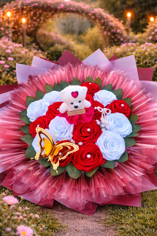 Buchet Romantic cu Trandafiri din Satin Roșii și Albi, Ursuleț „I Love You” și Fluture Decorativ – Cadou Elegant pentru Persoana Iubită